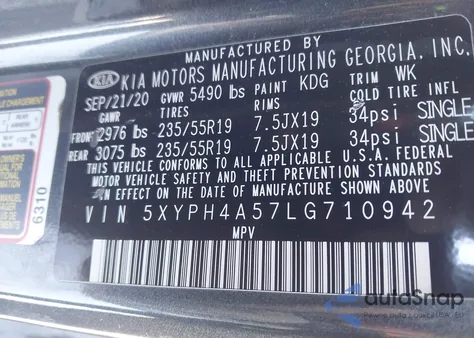 2020 Kia Sorento 3.3L Ex from USA, damaged, VIN 5XYPH4A57LG710942